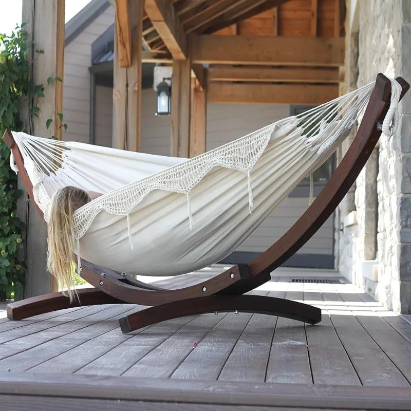 2026 Double Cotton Hammock With Solid Pine Arc Stand Wooden Stand With Hammock For Outdoor Indoor Patio Garden Yard