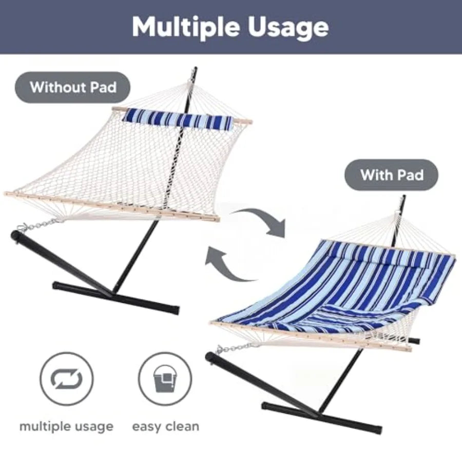 Double hammock with stand for outdoor use, cotton rope material, blue stripe color, includes carrying bag and supports two pers