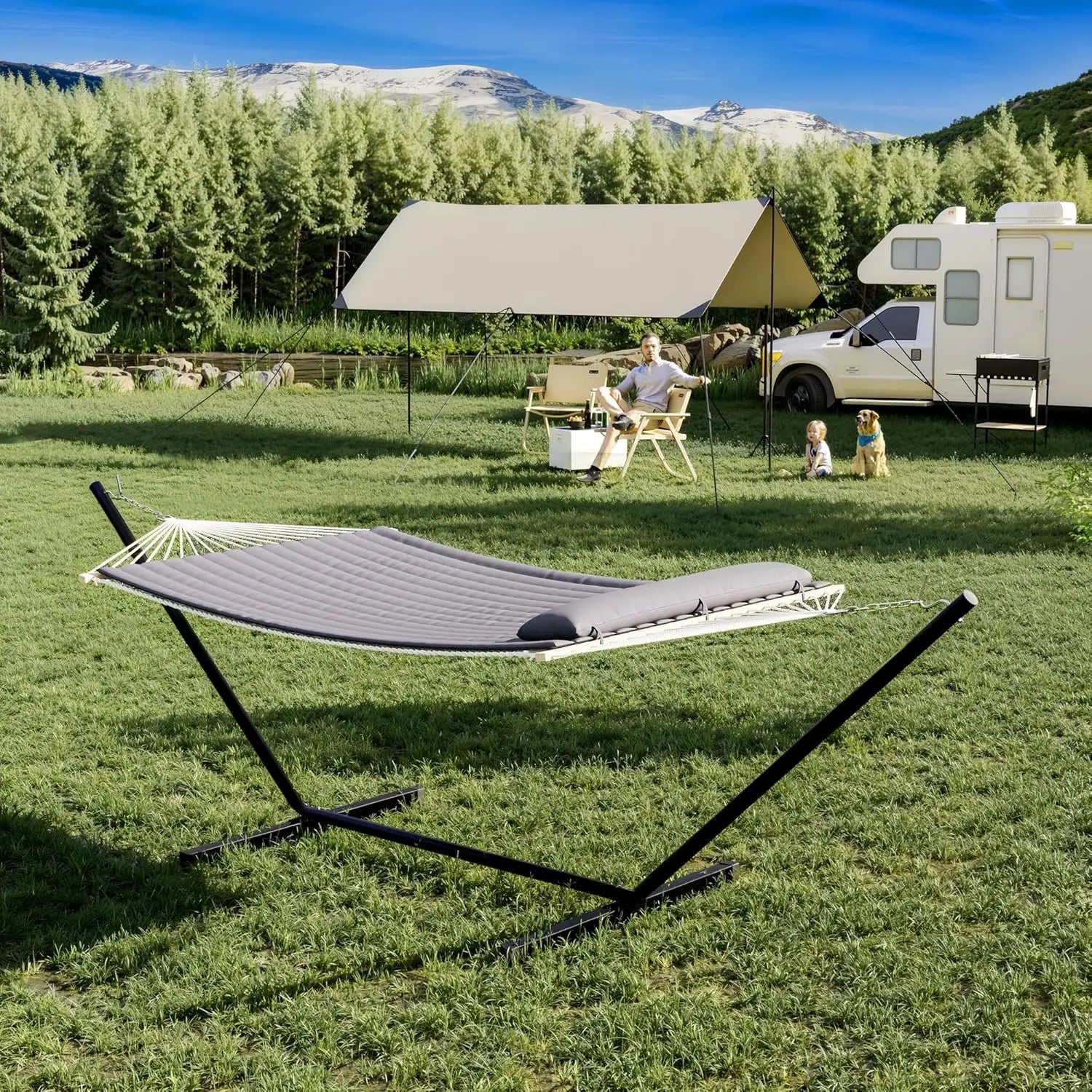 Heavy Duty Double Hammock with Stand-2 Person Cotton Rope Patio Bed,Hardwood Spreader Bars for Backyard Patio Outdoor/Indoor